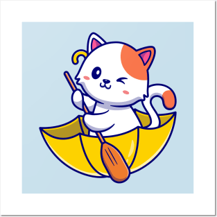 Cute Cat Rowing With Umbrella Boat Cartoon Posters and Art